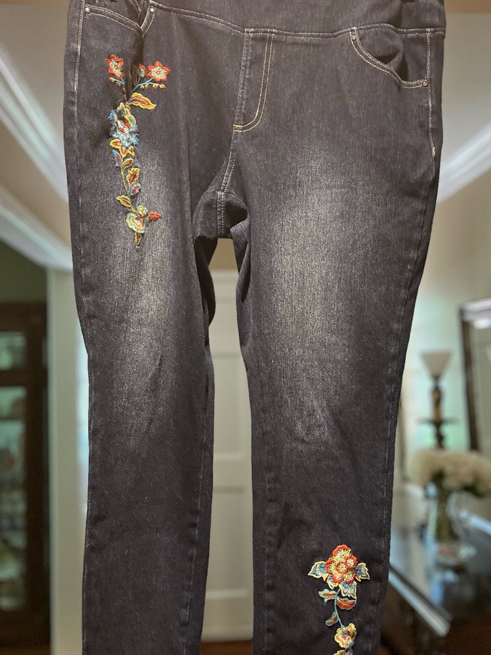 Belle by Kim Gravel Dark Wash Skinny Jeans with Multicolor Floral Embroidery